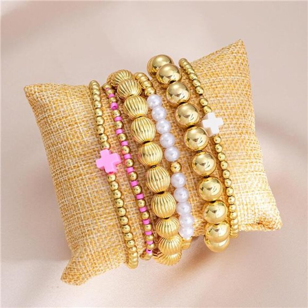 Gold Beaded Bracelet Stack for Women Trendy Non Tarnish Chunky Stretch - Picture 5 of 5